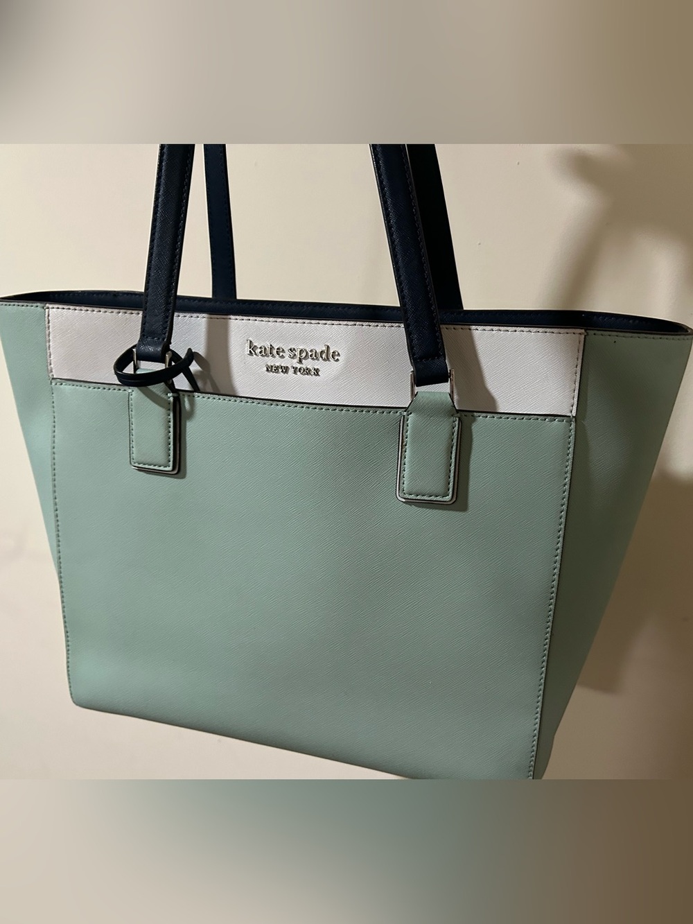 kate spade mint, white & navy Saffiano Leather Tote